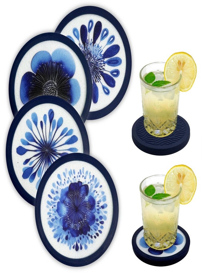 LIBERATECH Indigo Floral Non-Slip Silicone Coasters, 4-Pack Double-Sided Absorbent Cup Mats for Hot & Cold Drinks, Scratch & Water Ring Protection for Wood Tables, Home Office Bar Use - Image 1